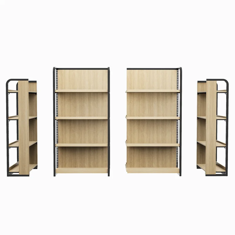 Rak Display Toko Ritel Baja Kayu Supermarket Multi Lapisan Kustom Rak Rak Makanan Ringan Toko Kelontong