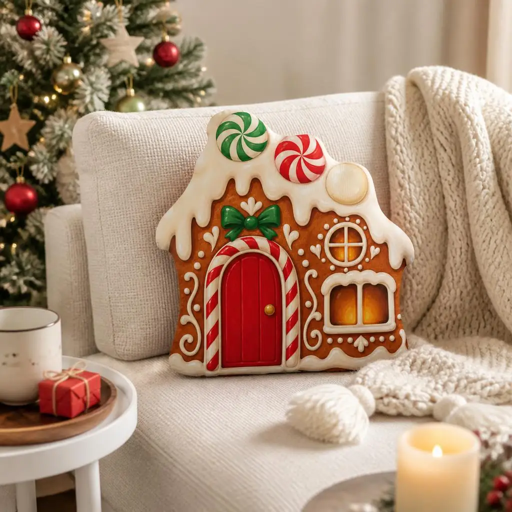 Christmas Gingerbread House Plush Pillow Candy Cane Holiday Throw Cushion Shaped Stuffed Decorative Sofa Home Decor Gift