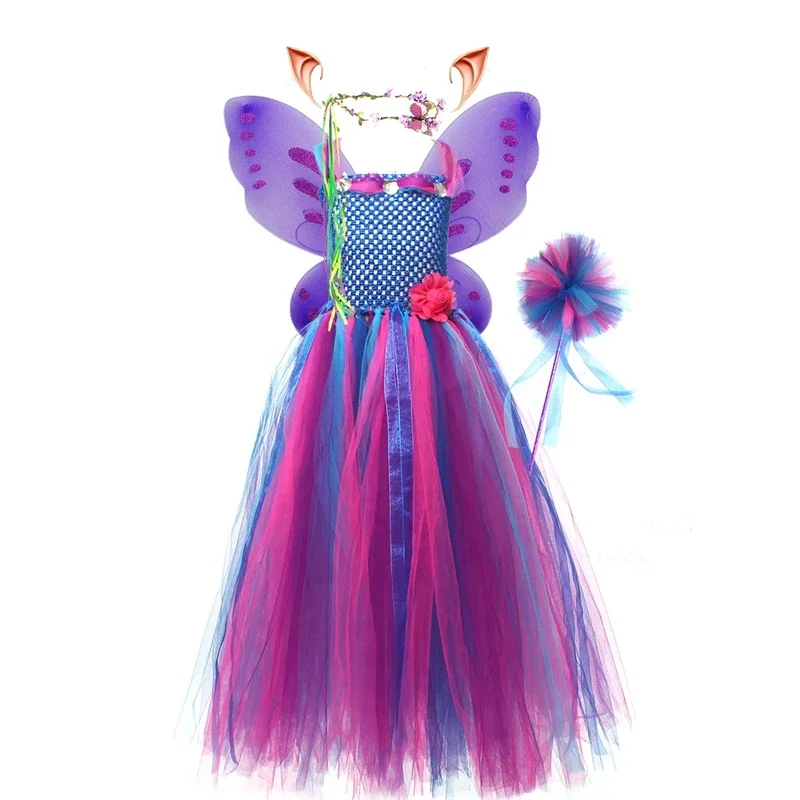 Girls Halloween Fairy Costume Kids Tulle Dress Set with Wings Headband Elf Ears for Toddler Cosplay Party Holiday Outfit