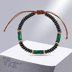 Vnox 6mm Green Natural Stone Beaded Bracelets for Men, Black Hematite Power Balance Beads Wristband, Adjustable Anklet Chain