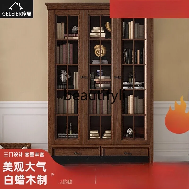 American all solid wood bookcase with glass door household floor bookshelf ash wood retro with top cabinet