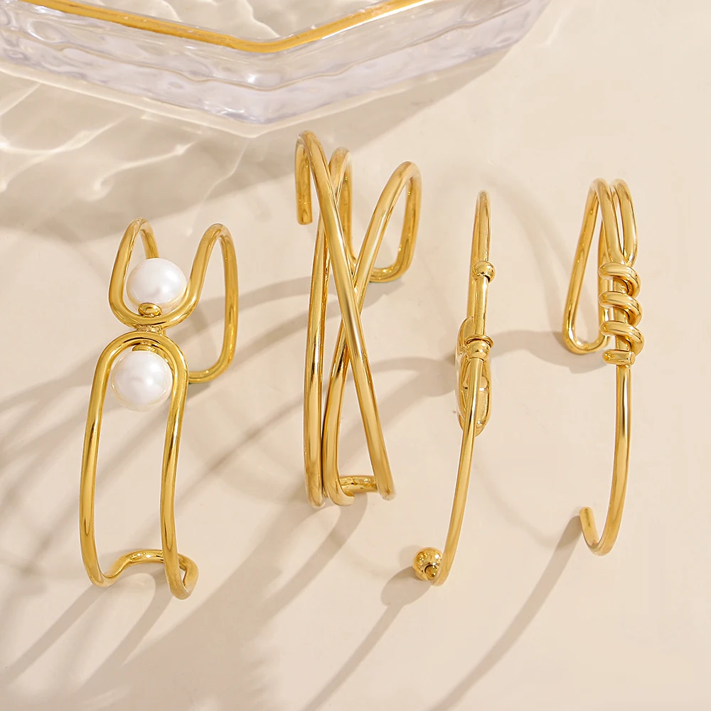 

Freetry New Waterproof Stainless Steel Irregular Open Bangle Bracelet for Women Imitation Pearl Star Gold Color Charm Bangles