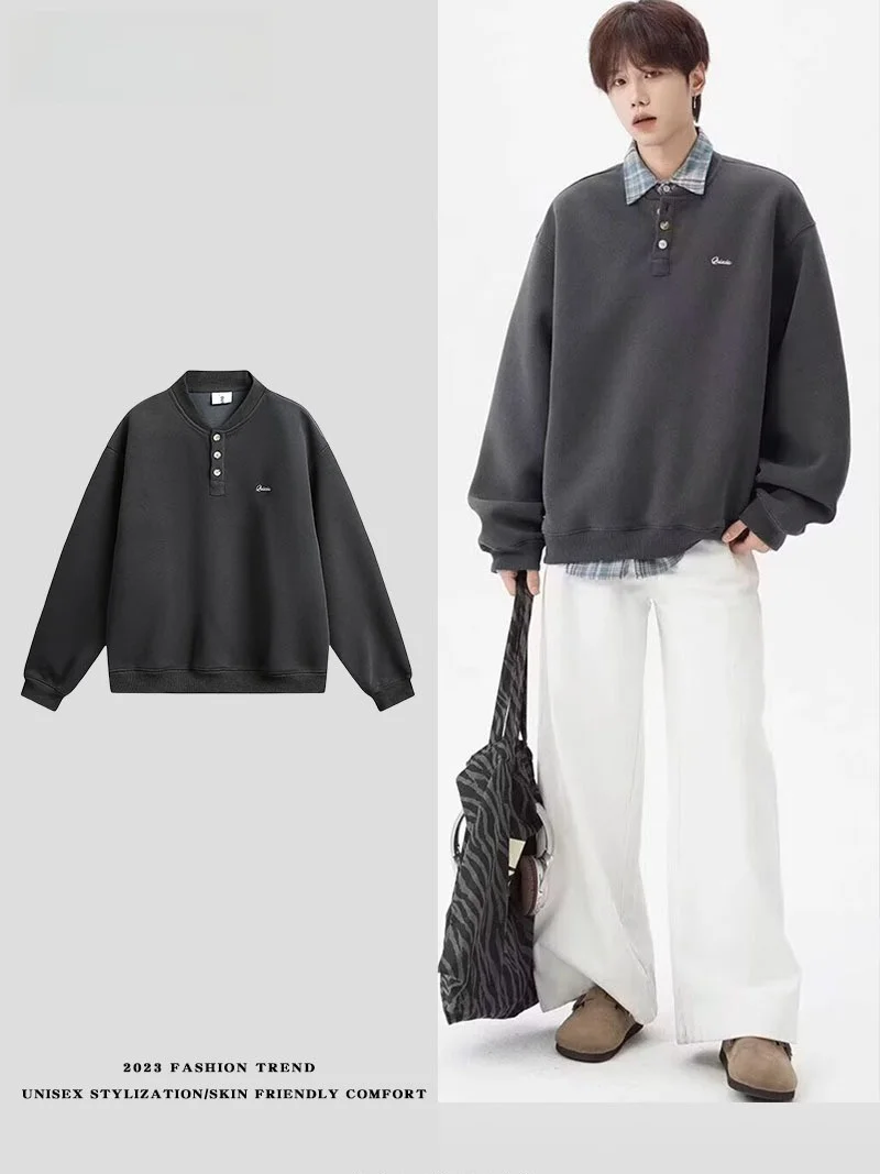 

Толстовка LPLN Heavyweight Henry Collar, свободного кроя, в стиле ретро, для пар, из смесового хлопка и полиэстера, с длинными рукавами
