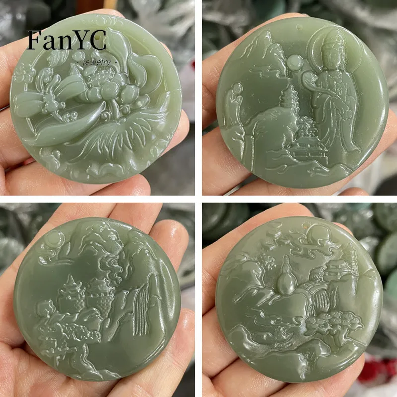 

Natural Hotan Green White Jade Guanyin Ruyi Pendant Green Water Green Landscape Brand Men's and Women's Jewelry Lucky Amulet
