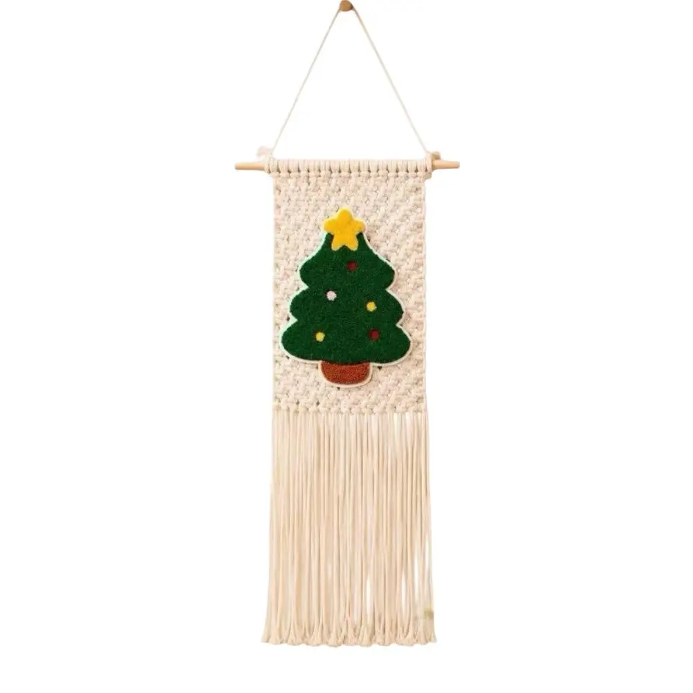 Bohemian Style Wall Decorative Tapestry Handwoven Deer Christmas Tree Tapestry Wall Art Tassel Macrame Wall Hanging Room Decor