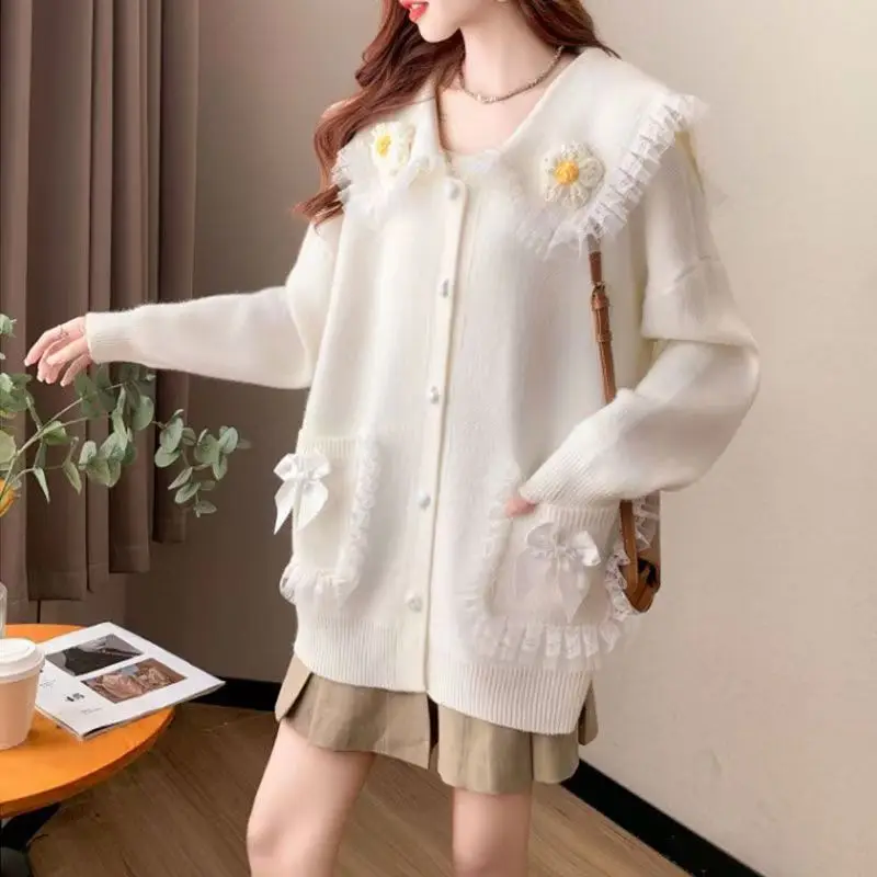 3D Flower Peter Pan Collar Packets Bow Lace Cardigan Sweaters Women Pullover 2025 Autumn Winter New Loose Knitted Sweater Tops