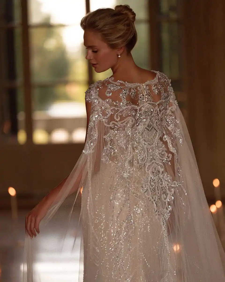 빈티지 스팽글 인어 웨딩 드레스 민소매 레이스 신부 드레스 케이프 스윕 트레인으로 맞춤형 vestidos de novia