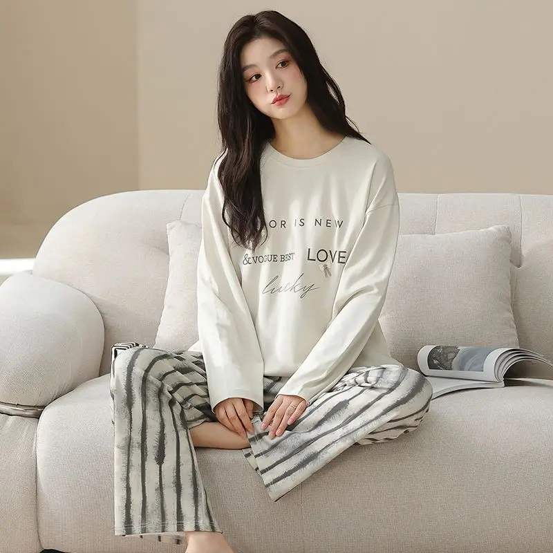 

2026 весенние пижамные комплекты из 100% хлопка с длинными рукавами для женщин, корейская свободная одежда для сна, костюм, пижама, домашняя одежда, Pijama Mujer, домашняя одежда