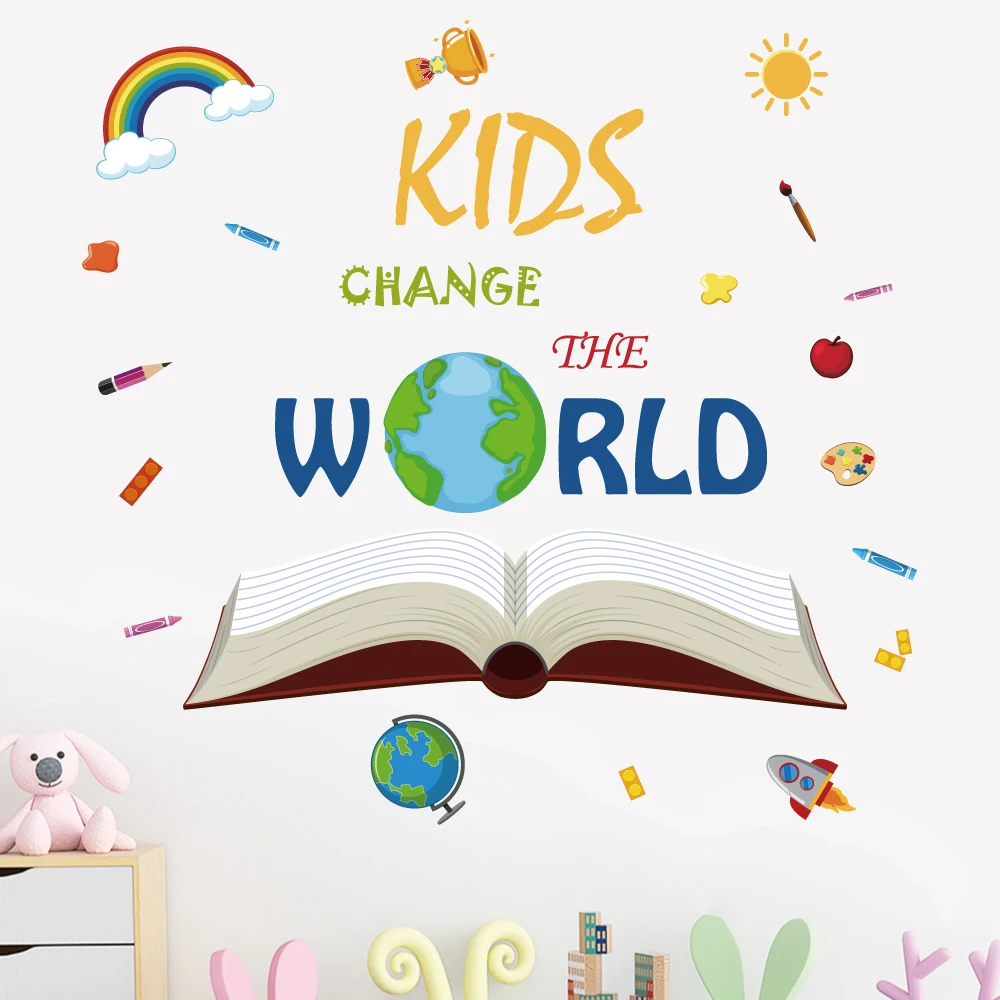 Cartoon KIDS CHANGE THE WORLD colorful rainbow decoration sticker for kids room school self adhesive wall decor