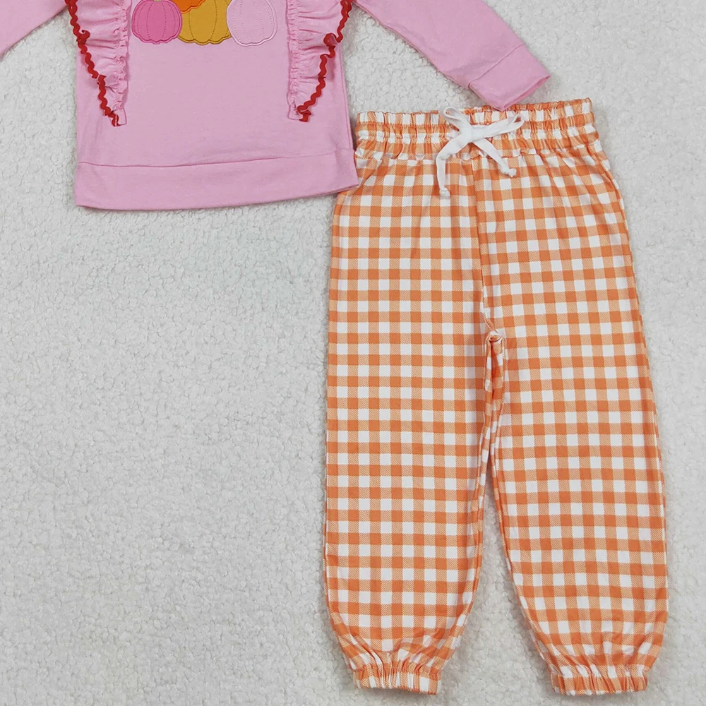 Top de calabaza de pavo de manga larga rosa para niñas con pantalones a cuadros naranjas conjunto de traje de Acción de Gracias para bebés