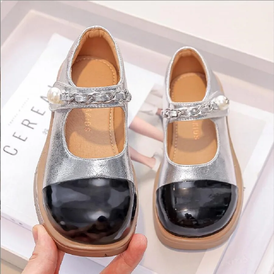 

Children's Genuine Leather Princess Shoes 2024 New Girls' Autumn Soft Sole Small Leather Shoes Fashionable Champagne Silver 23-3