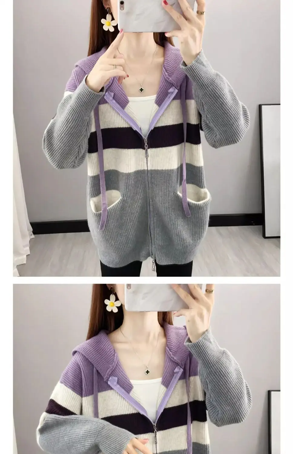 Повседневный свитер с капюшоном на молнии в ленивом стиле, женский вязаный свитер с цветными блоками, куртка