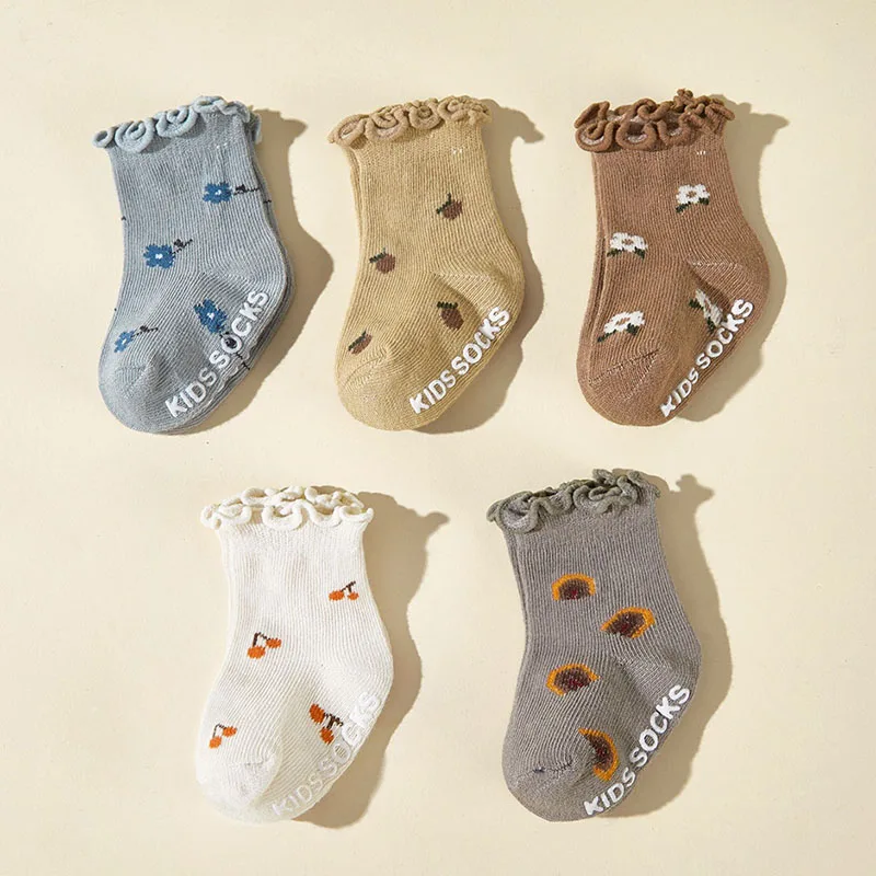 5 Pairs a Lot MILANCEL New Autumn Baby Flower Socks Kids Girls Cute Printed Fruits Floor Socks Toddler Anti Slip Adhesive Socks