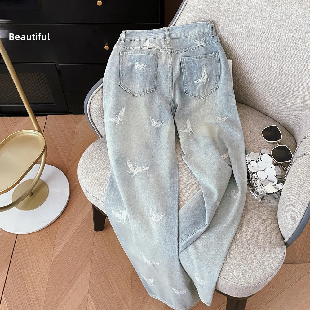 

Элегантные женские летние джинсы с кружевной вышивкой, прямые, с высокой талией, широкие штанины, длинные брюки в пол
