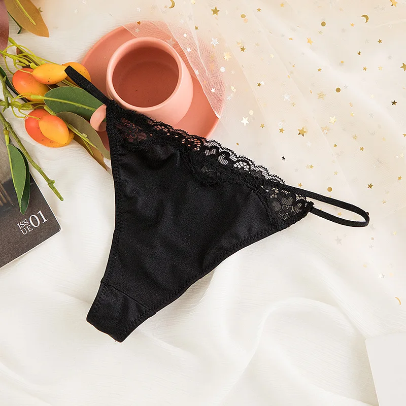 New Fashion Ice Silk Underwear Women Simple Lace Edge Sexy Thin Belt Low Waist Briefs Cotton File Comfortable Breathable Thong