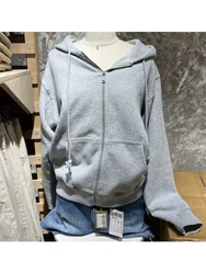 Casualowe damskie Grey Zip-up luźne bluzy 2023 jesień Vintage długie rękawy z kapturem w jednolitym kolorze bluzy damskie eleganckie Outwears