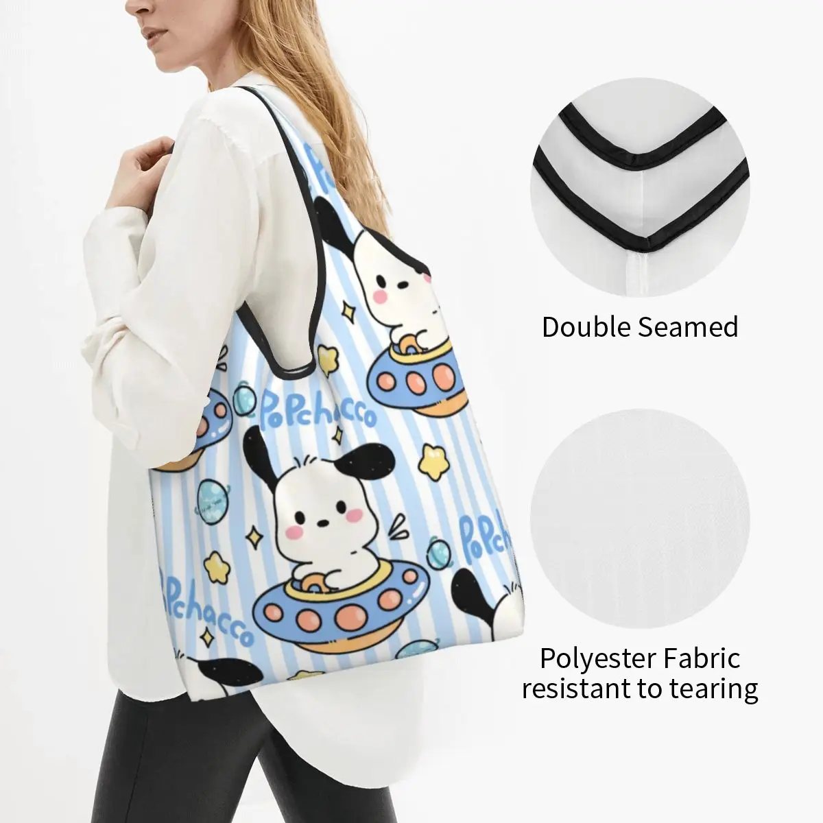 Custom Pochacco Sanrio Cartoon Groceries Tote Shopping Bags Women Fashion Shopper Shoulder Bag Big Capacity Handbag