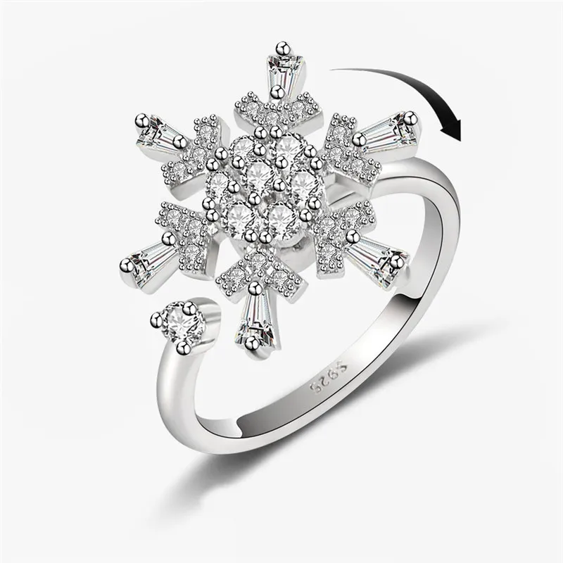 Delicate Spinner Fidget Crystal Snowflake Ring Anti Anxiety Antlers Joint Jewelry Girls Christmas Rotate Rings Gifts Accessories