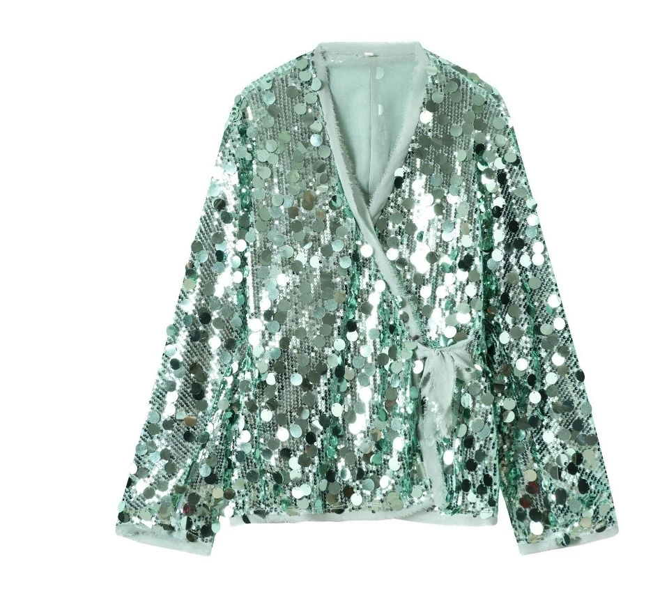

Women's Solid Color Sequin Leace-up Coat Temperament Commuting Long Sleeve Suit Cardigan Coats Female 2025 Spring New Hot Style