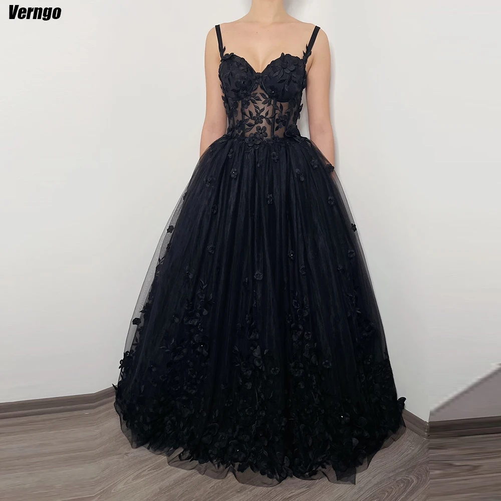 Verngo Vestidos De Novia Black Gothic Wedding Dress Sweetheart Spaghetti Straps A-line Bridal Gown Appliques Lace Up Bride Dress