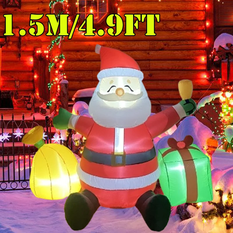 4.9FT/1.5M Christmas Decor Inflatable Sit Santa Gift Build-in LED Lights Xmas Indoor Party Outdoor Garden Scene Layout Ornament