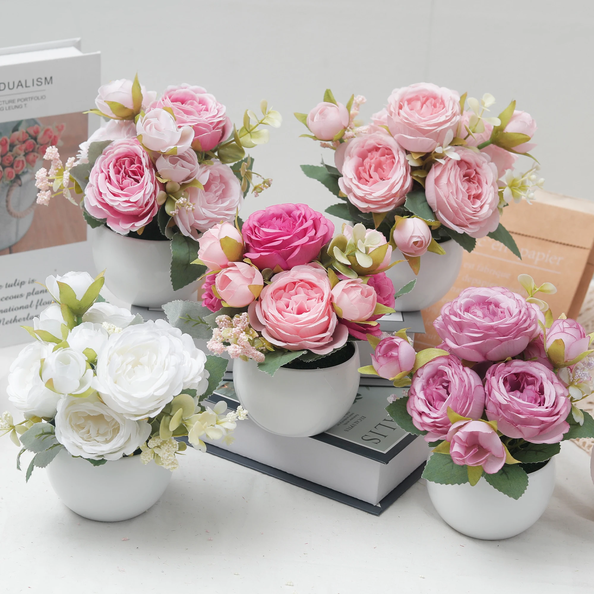 Künstliche Rosenblumen Pfingstrosen Topfpflanze Heim-Garten-Deko Hochzeitsrose Kunstblume Bonsai Valentinstag Party-Arrangement