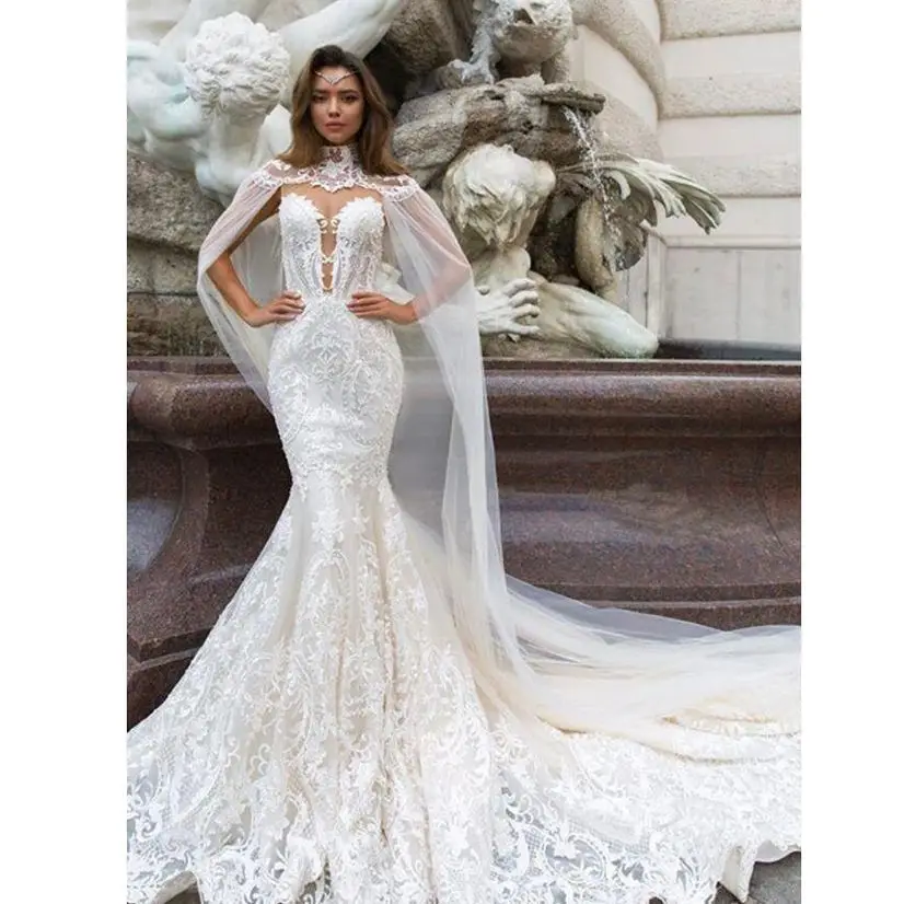 High Neck White Applique Lace Wedding Dress Layered Ruffles Evening Dresses With Shawl Sleeves Prom Gown Woman Mermaid Gown