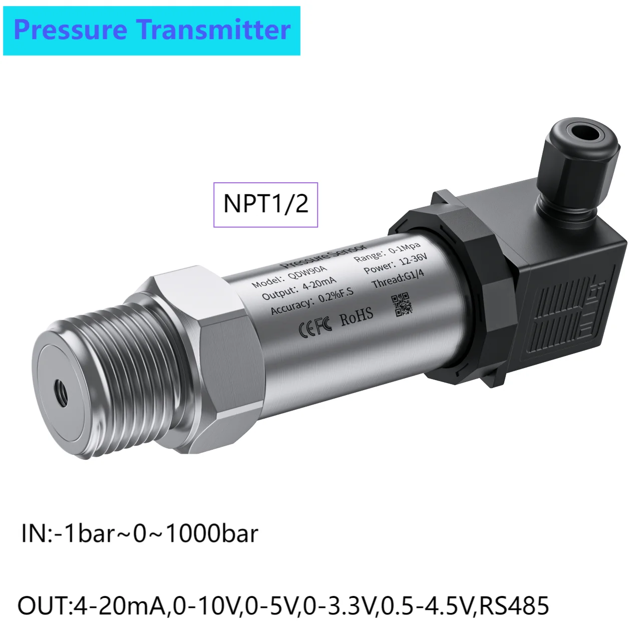 

NPT1/2 pressure transmitter hydraulic 1Mpa 1.5Mpa 5Mpa 8Mpa 15Mpa pressure sensor for water gas oil liquid pressure transducer