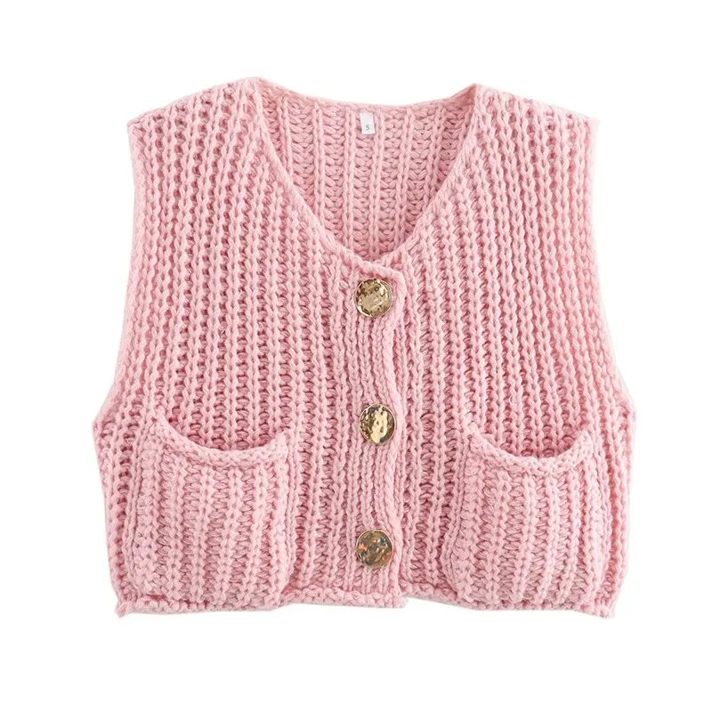 Gilet senza maniche tascabile autunnale con scollo a v Cardigan monopetto maglione lavorato a maglia gilet corto Sweet Chic Ladies Tops