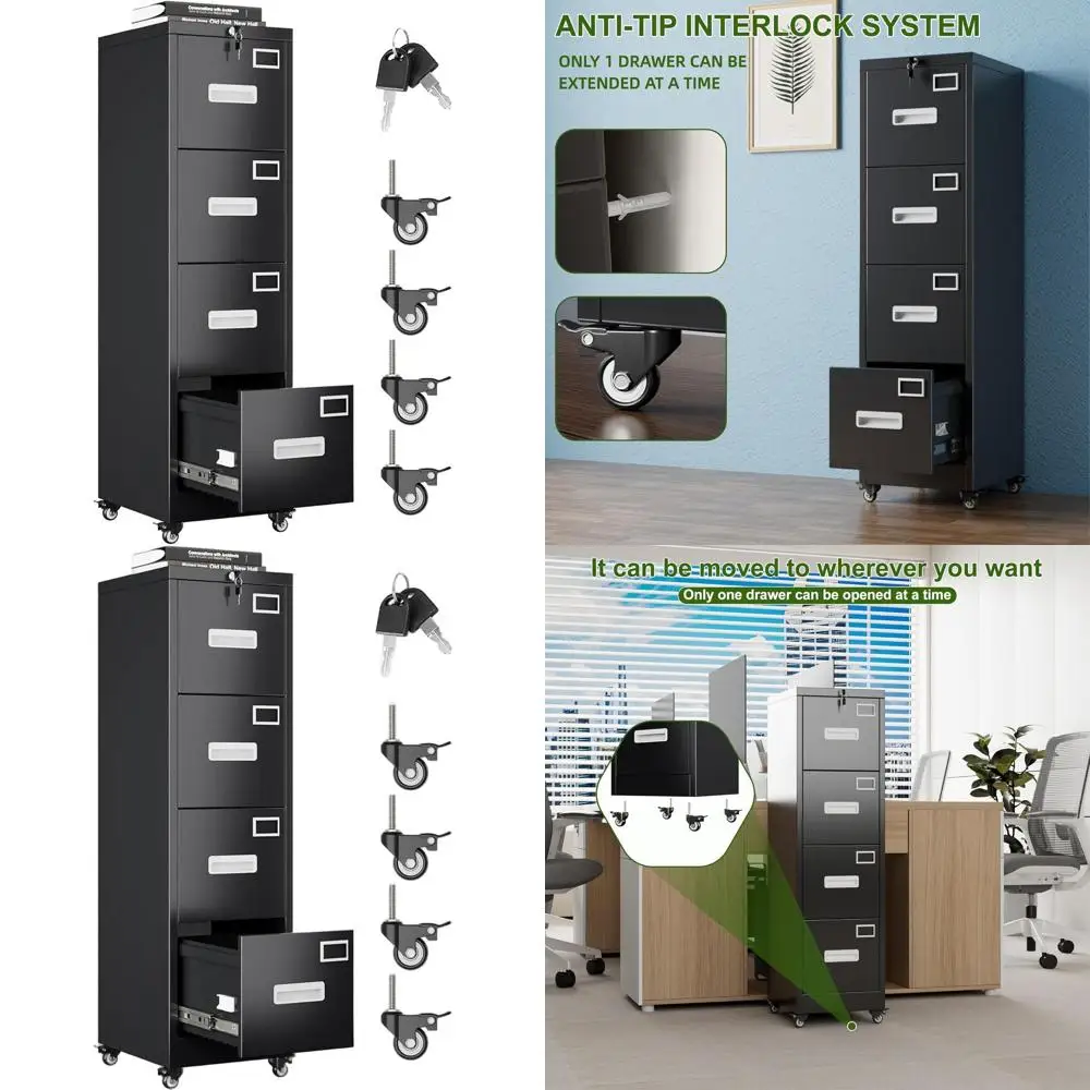 

Mobile Lockable Metal File Cabinet with 4 Drawers for Office and Home, Black, Assembled by You