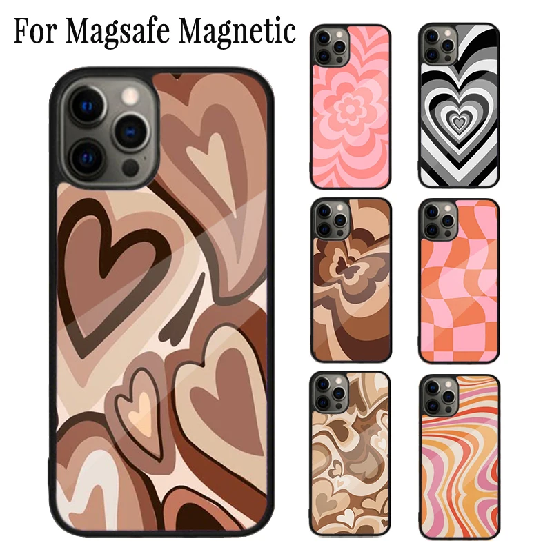 Latte Love Groovy Coffee Heart Pink Magnetic Phone Case For iPhone 16 15 14 Plus 13 12 11 Pro Max Magsafe Wireless Cover