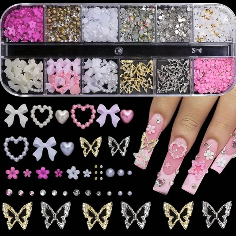 

12 сеток, бабочка, сердце, цветок, украшения для ногтей, украшения для ногтей, жемчужная смола, бриллианты, аксессуары для ногтей, сделай сам, стразы для ногтей