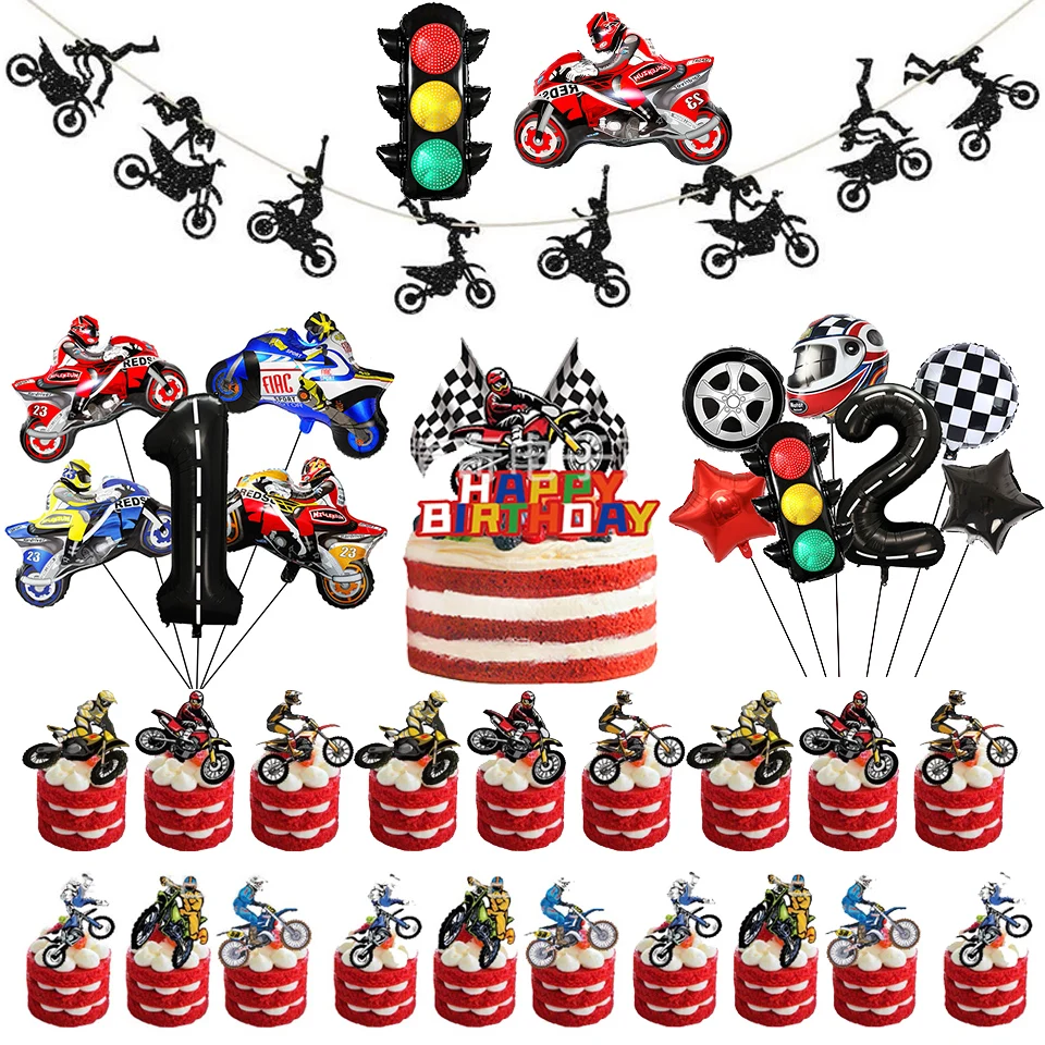 Motorrad Kuchen Cupcake Topper Racing Party Motorrad Luftballons Alles Gute zum Geburtstag Banner Motocross Themen Männer Junge Party Dekoration – Detail 1