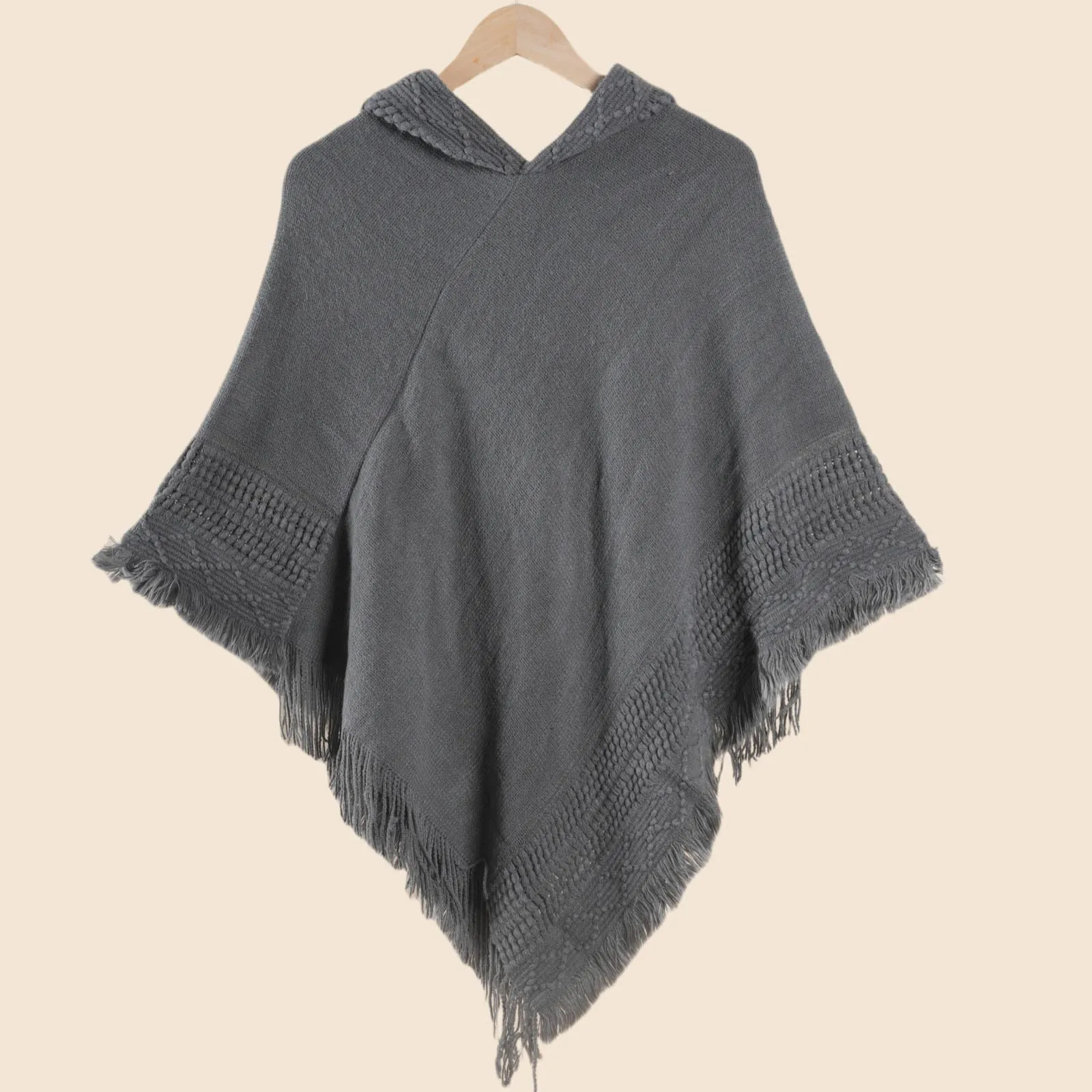 1 Elegant Autumn and Winter Women's Hooded Knitted Cape Shawl Loose Knitted Sweater Solid Color Flowing Beard Versatile and Warm