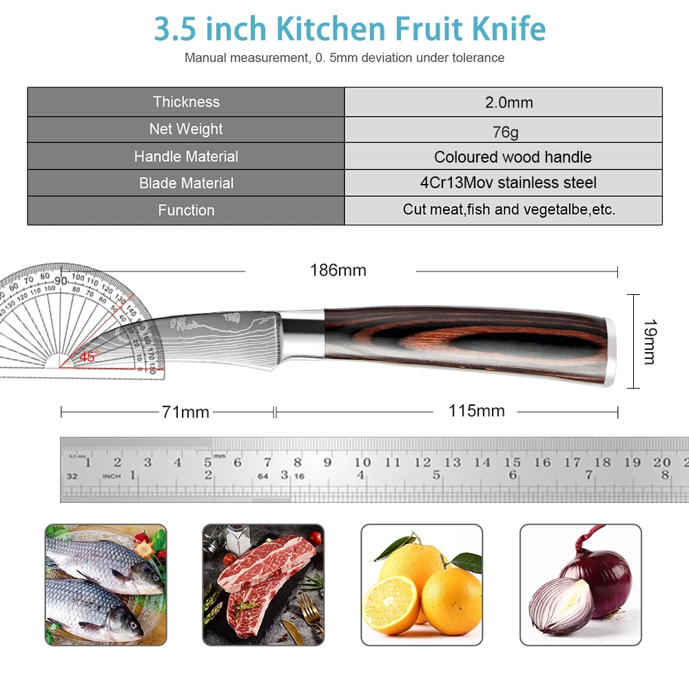 XITUO 3.5 Inch Bếp Điện Dao Trái Cây 7Cr173 Thép Không Gỉ Laser Damascus Hoa Văn Màu Gỗ Tay Cầm Dao Nhà Bếp