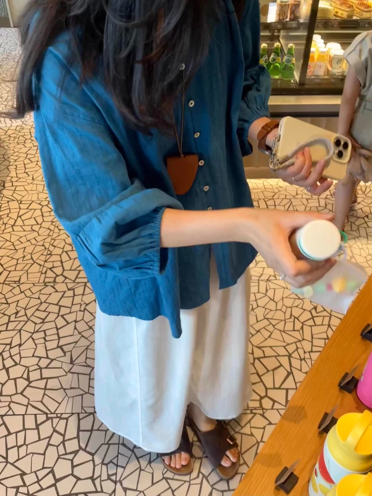 

Azure Blue Linen Lantern Sleeve Shirt Women Summer Sheer Oversized Sun Protection Blouse Loose-Fit V-Neck Casual Shirt Jacket