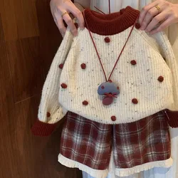 Autumn Winter 2024 Kids Girls 2PCS Clothes Set Cotton Knitted Ball Sweater Plaid Lace Hem Pants Suit Toddler Girls Outfits