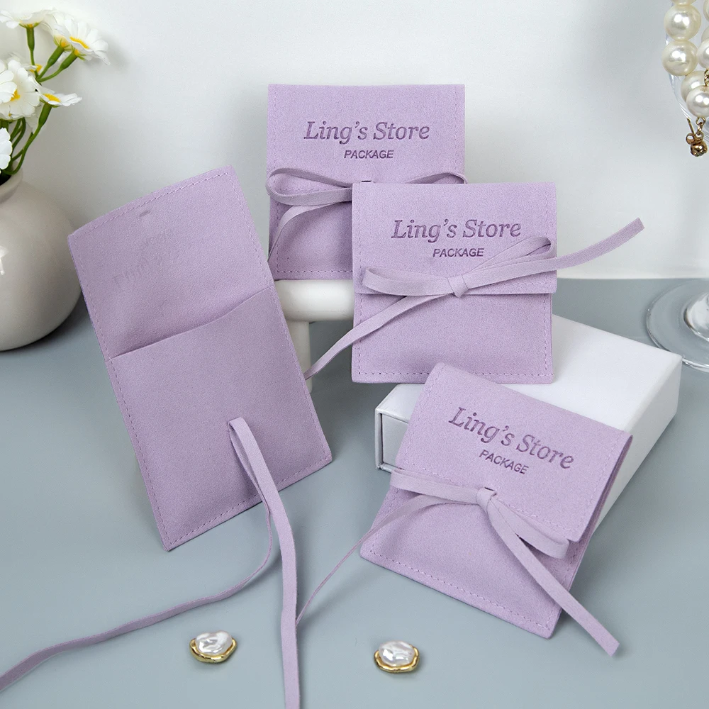 

50 шт. Мешочки из микрофибры с бантом и индивидуальным логотипом для ювелирных изделий, упаковка для свадебных подарков, для колец, серег, ожерелий, кулонов, замшевые мешочки