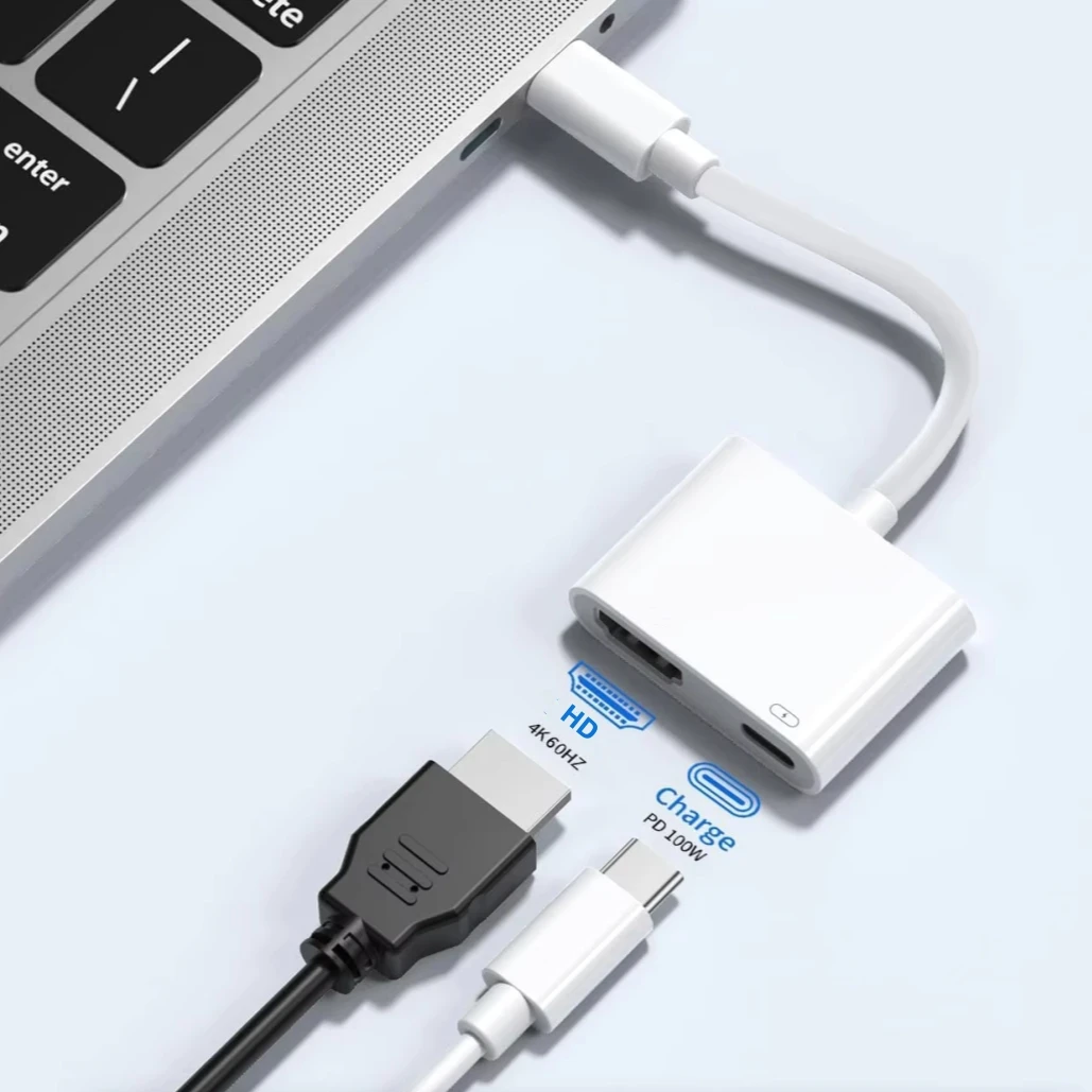 2-in-1 USB C Type-C to Digital AV 4K@30Hz 4K@60Hz Ultra HD Adapter with PD 100W Compatible with IOS Phone 15/16, Macbook Pro/Air