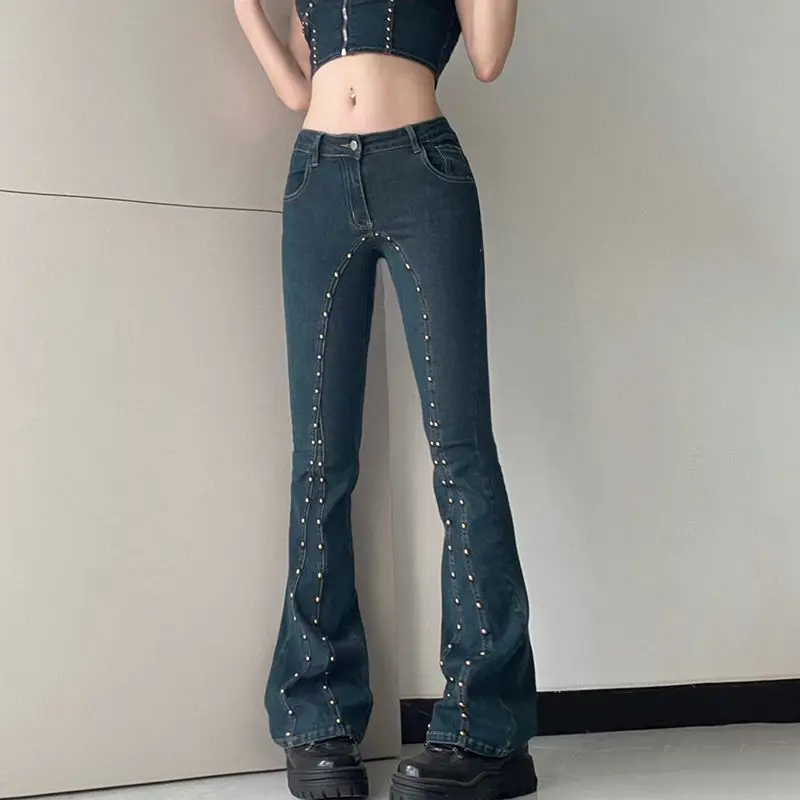 

Jeans With Rivets Slightly Flared Low-Waisted, Slimming European And American Retro Women'S All-Match Hot Casual Pants