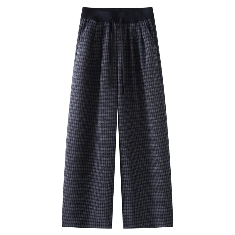 

Blue and Gray Plaid Woolen Casual Pants for Women, and Winter Thickened Warm Elegant Draped Pants