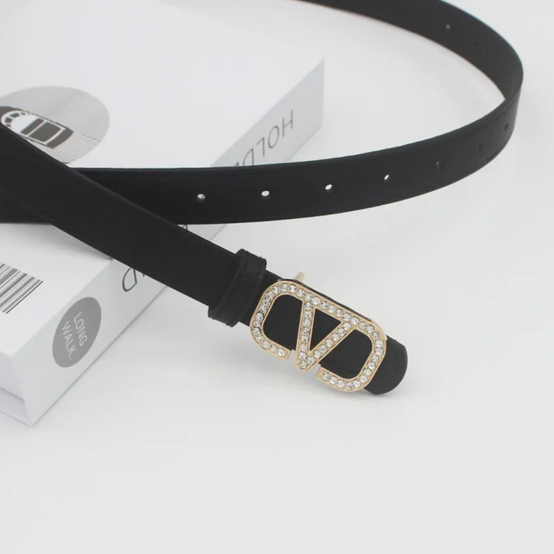 Narrow women's cowhide luxury designer brand V-buckle belt with diamond letters for women's leather jeans belt