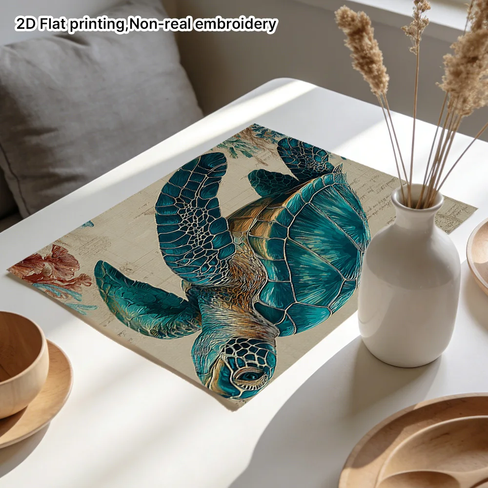 Ocean Turtle Starfish Coral Design Square Place Mats, Holiday Dining Mat, Restaurant Table Accent, Home Kitchen Accent