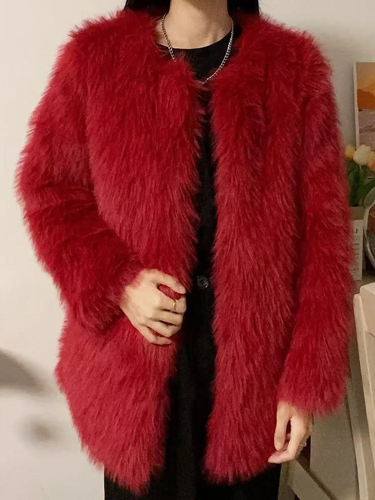 

Christmas Red Faux Fox Coat Women Elegant Winter Warm Slim Jacket Vintage Faux Fox O Neck Female Korean Long Sleeve Sweet Tops