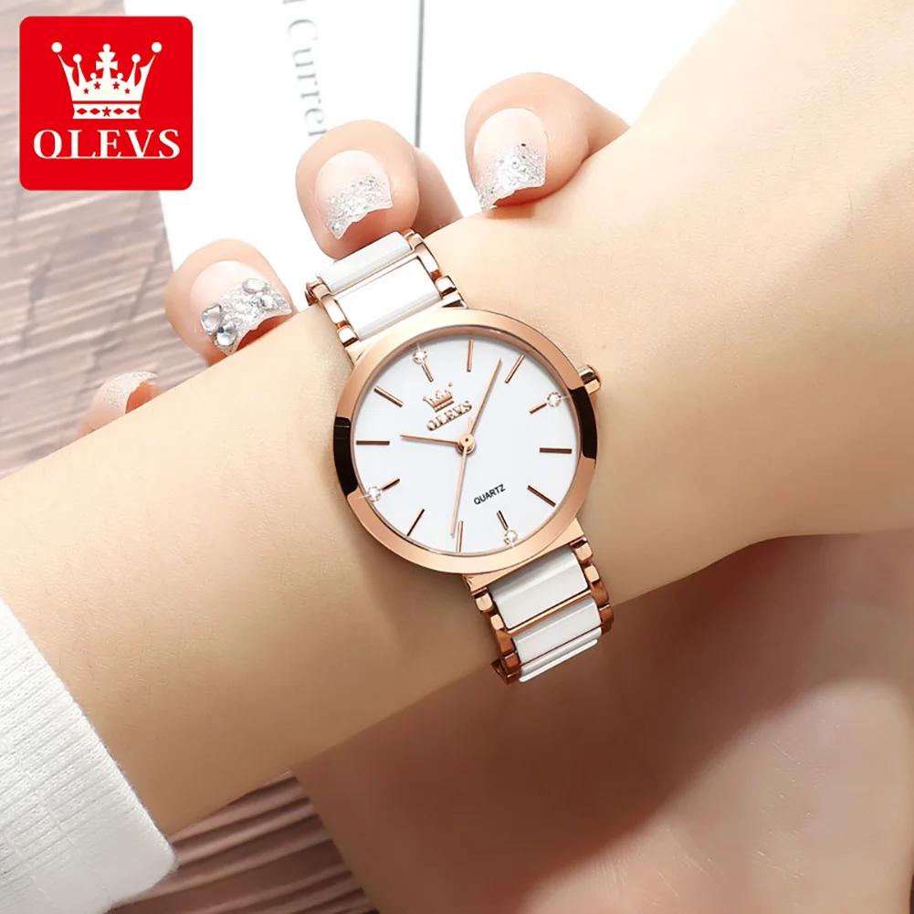 OLEVS Top Brand Quartz Watch for Women Elegant Rose Gold Ceramics Strap Waterproof Ladies Wristwatch Luxury Women\'s Dress Watch