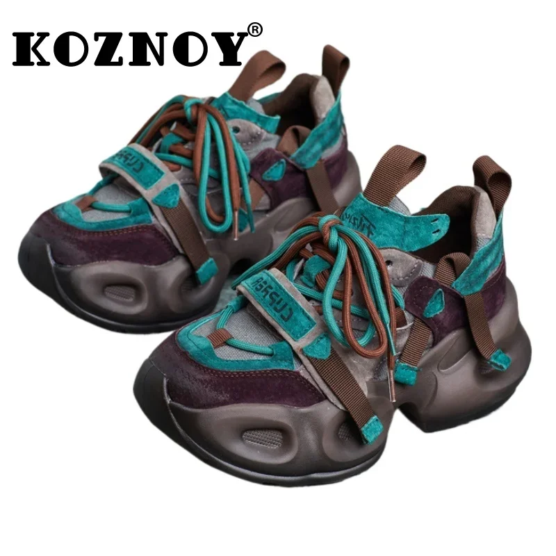 Koznoy 5.5cm Cloth Denim Pigskin Leather Women Flats Summer Spring Autumn Loafer Platform Chunky Sneakers Vulcanize Shoes