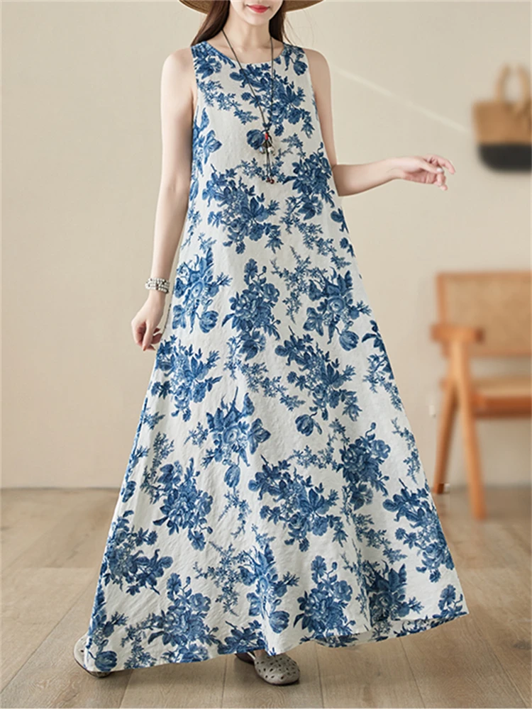 

Cotton Vintage Sleeveless Blue Print Dresses For Women 2024 Spring Summer Casual Loose Vestidos Elegant Dress Fashion Clothing