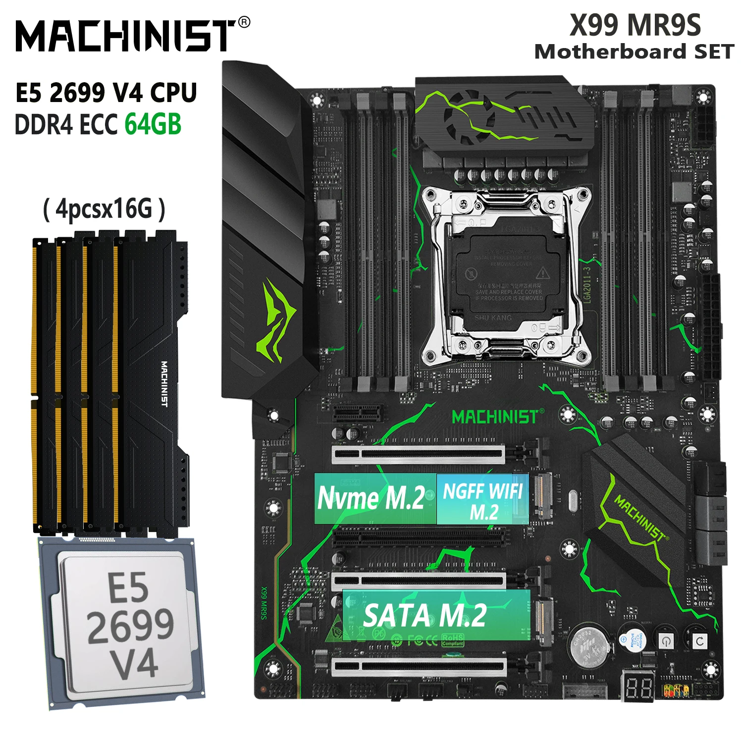 MACHINIST X99 MR9S V6 Motherboard Set LGA 2011-3 kit Intel E5 2699 V4 CPU Processor 4*16=64GB DDR4 ECC RAM Memory SSD M.2 ATX