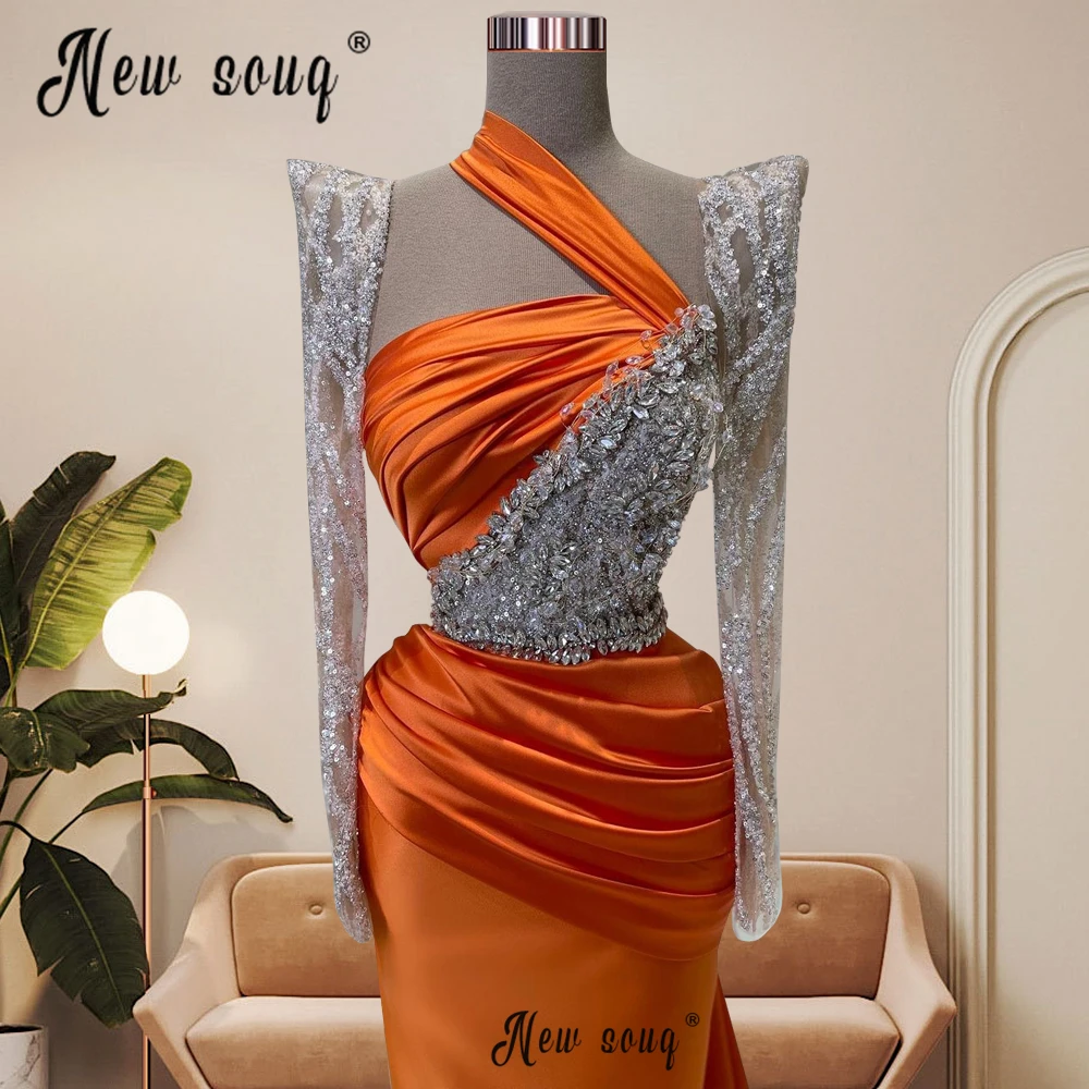 Glitter African Orange Long Prom Gown Back Train Custom Made Women Muslim Wedding Party Gowns Formal Occasion Dresses Pageant