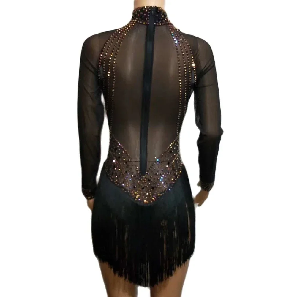 Women Black Tassel Sparkling Rhinestone Sexy Club Dress Mesh See Through Outfit Party Show Performance Stage Wear 2025NEW